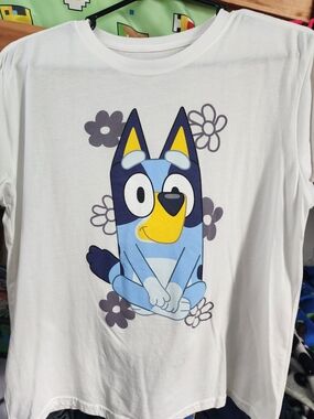 Blue Cartoon Dog Graphic Tee - White